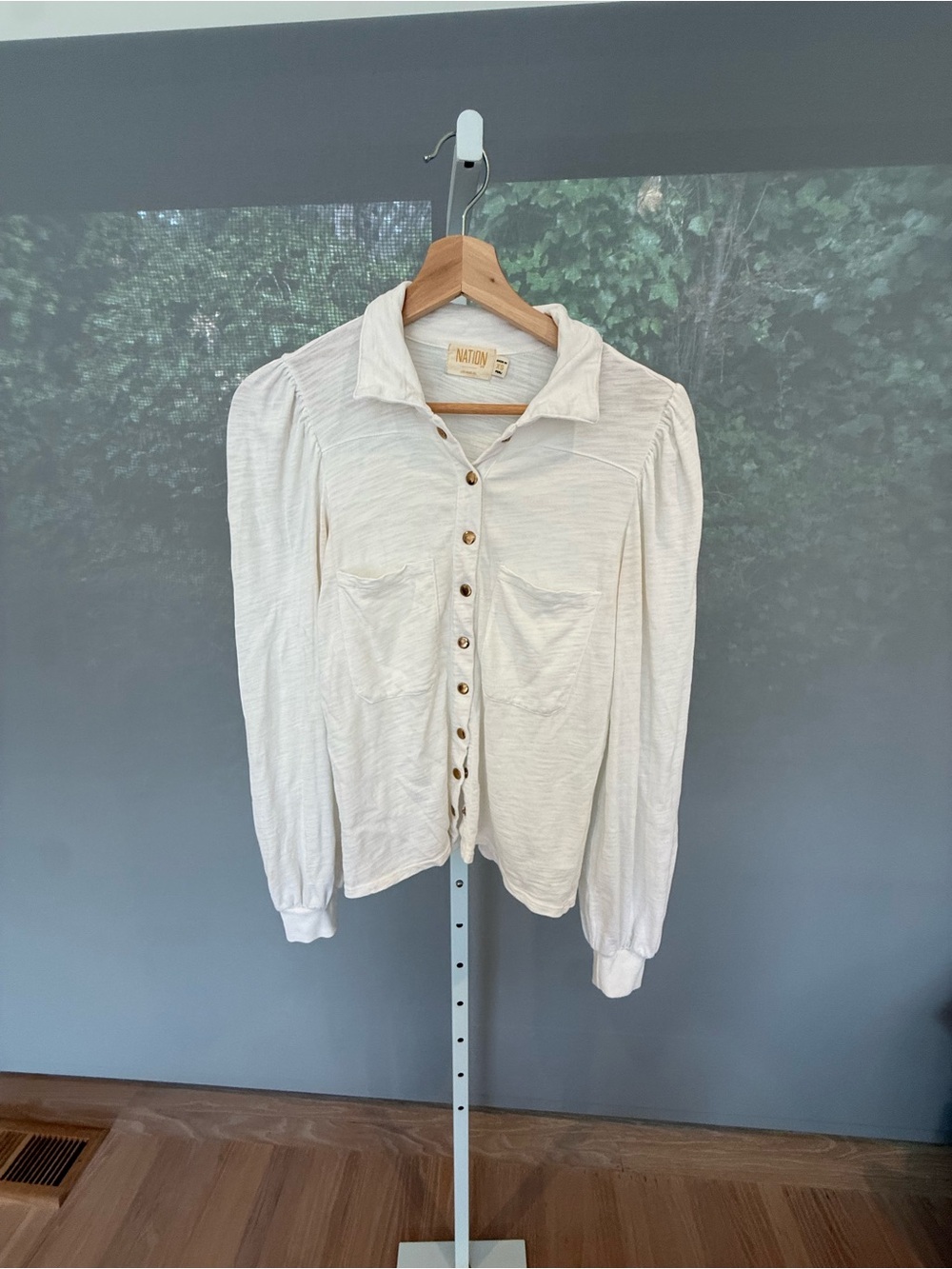 Nation LTD Cream Button-Front Blouse with Puff Shoulders